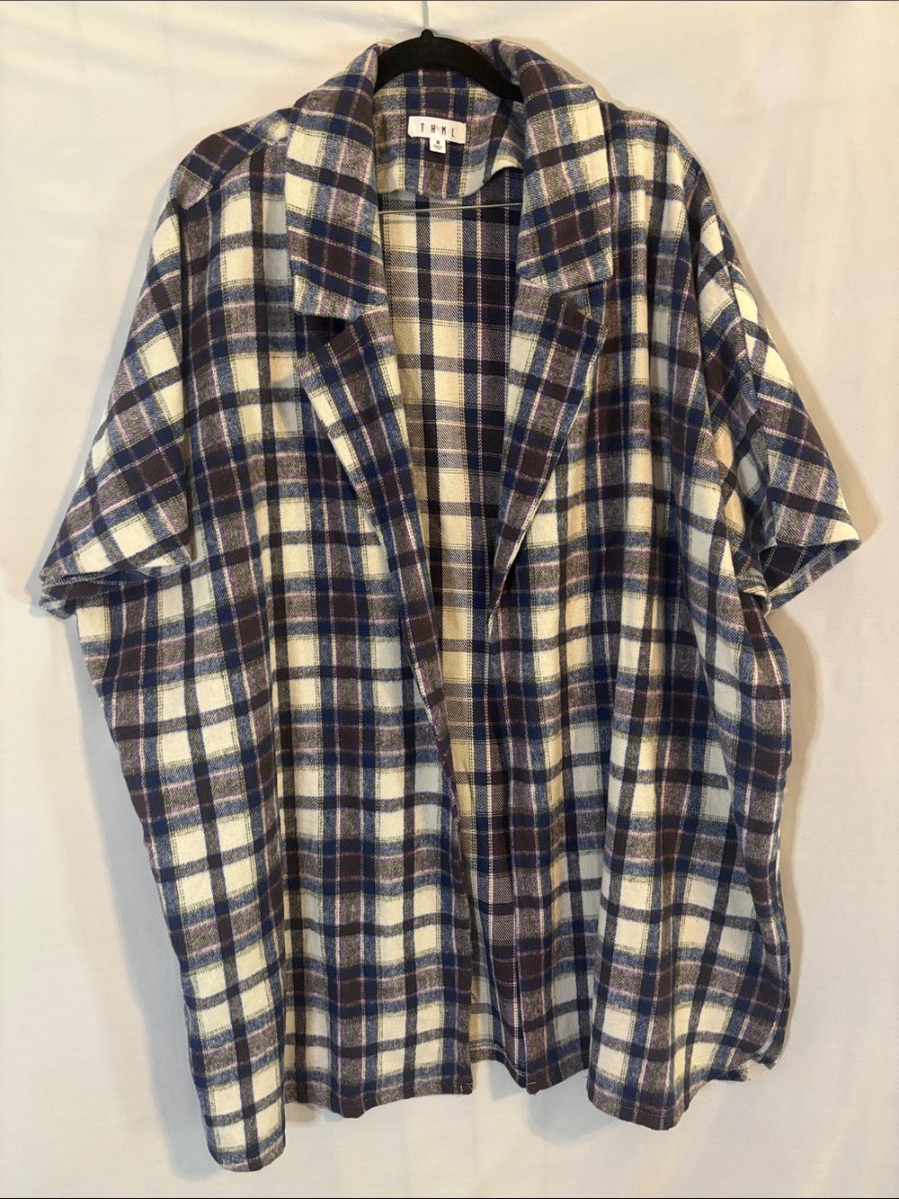 THML Oversized Short Sleeve Plaid Flannel Cardigan Jacket Medium